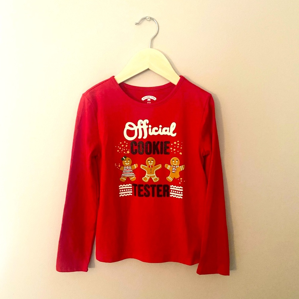 Girl’s Long Sleeve Red Holiday Top “Official Cookie Tester” Size 6-6x